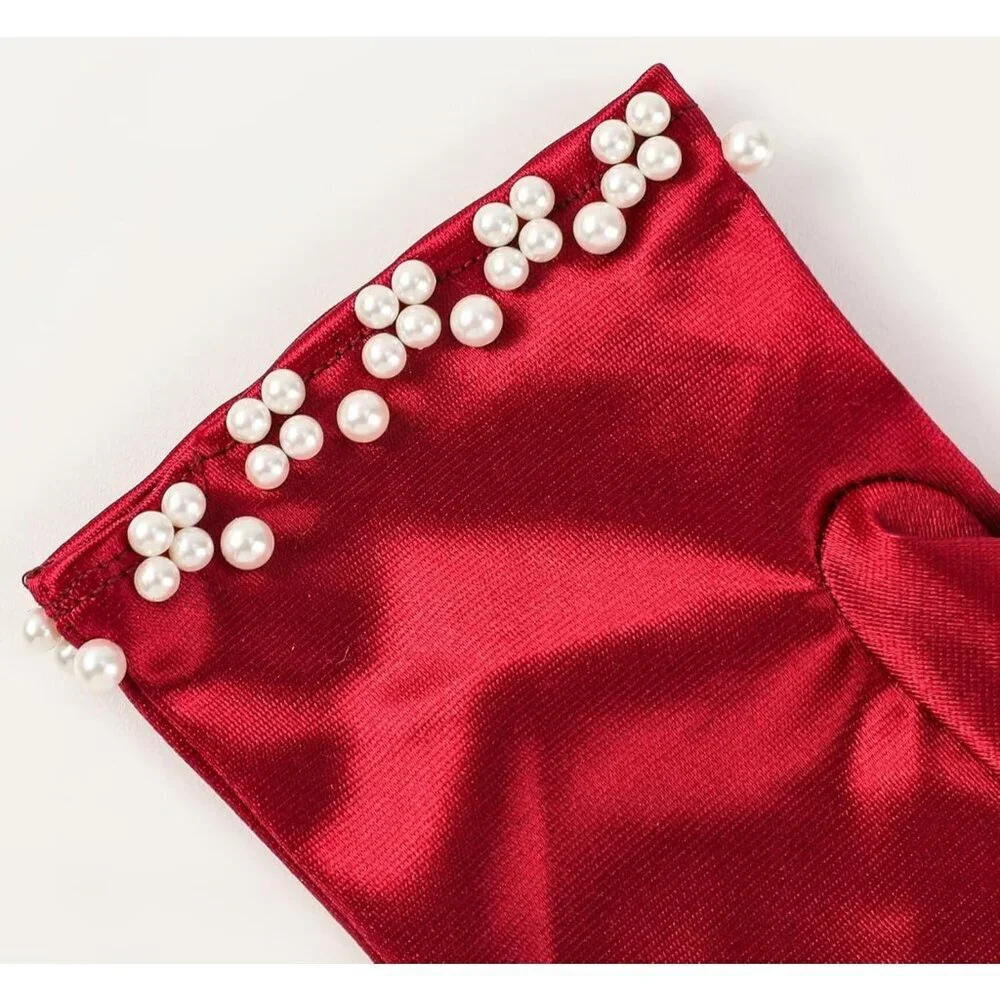Women's Burgundy Satin Pearl Short Length Gloves Wedding Banquet Party Prom